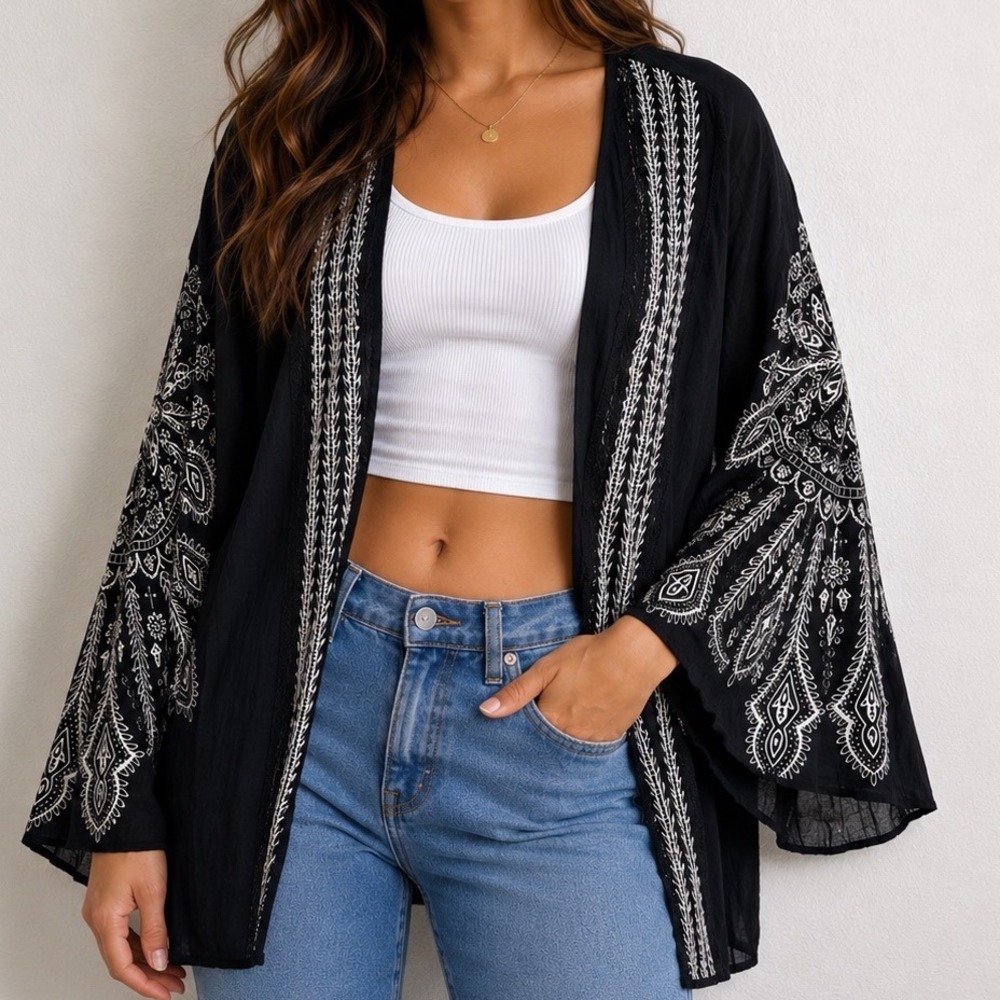Black Boho Angie Kimono Cardigan L Bell Slit Sleeve Open Front Festival Duster